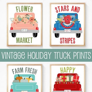 4 Holiday Vintage Truck Prints