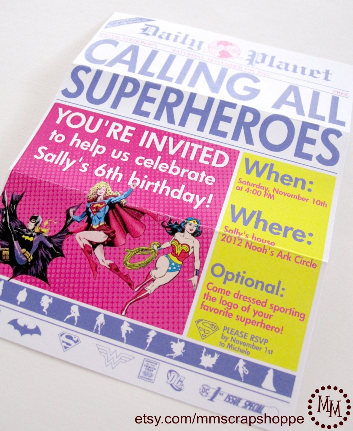 GIRLS Superhero Newspaper Custom PRINTABLE Birthday Invitation