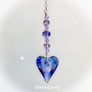 Purple Wild Heart Swarovski Crystal Suncatcher, Rearview Mirror Car Charm, Window Ornament