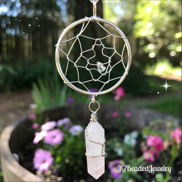 Rose Quartz Crystal Dream Catcher, Rearview Mirror Car Decoration, Home Decor, Wall Hanging, READ DESCRIPTION for SIZE