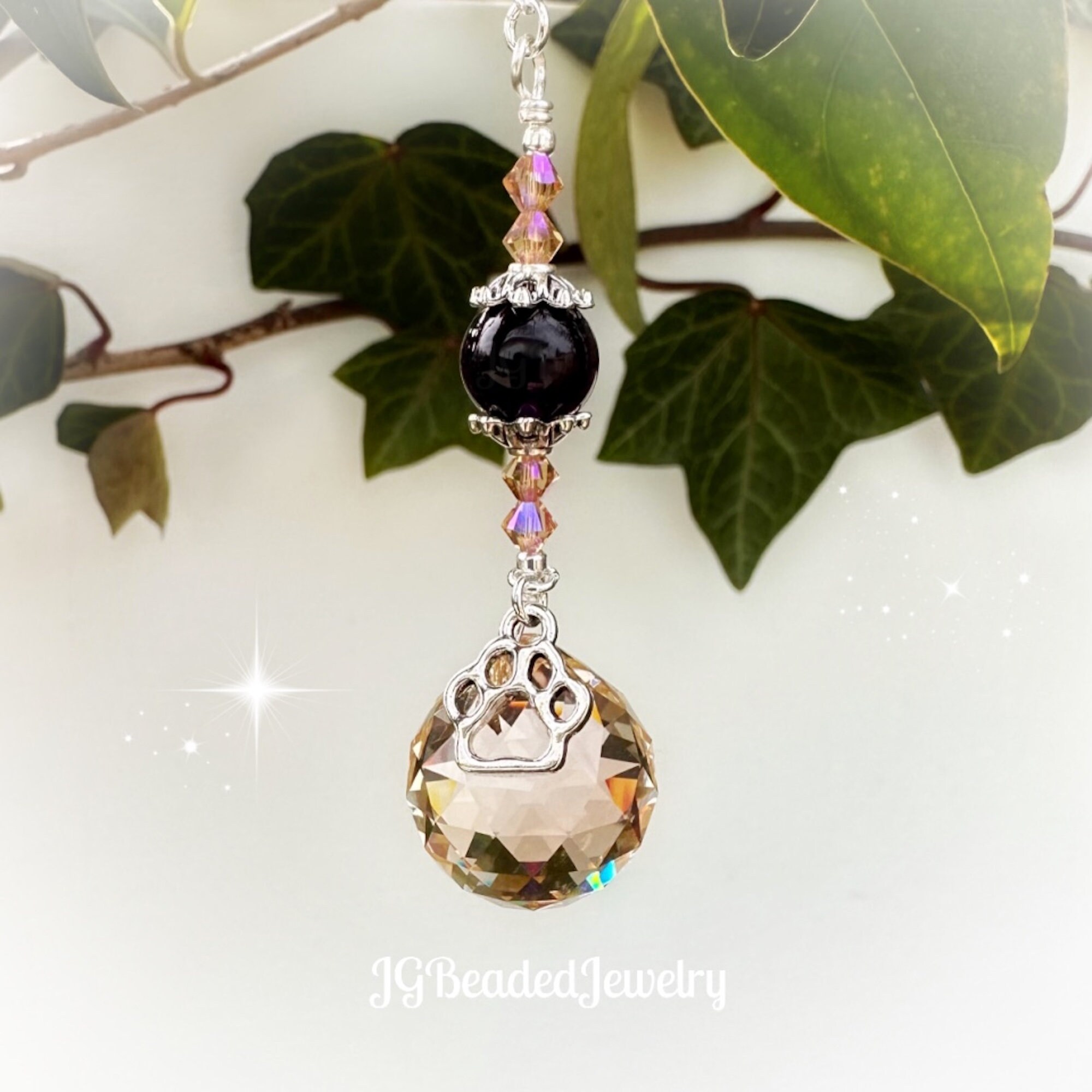 Pawprint Amethyst Topaz Crystal Suncatcher, Rearview Mirror Car Charm, Window Crystal, 20mm Strass Prism, Rainbow Bridge, Poem Optional