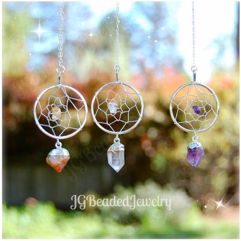 Healing Crystal Dream Catcher, Rearview Mirror Decoration, Home Decor, Amethyst, Citrine, Clear Quartz READ DESCRIPTION for SIZE image 1