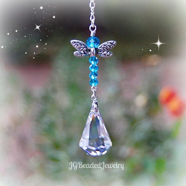 Sapphire Blue Dragonfly Swarovski Crystal Suncatcher, Rearview Mirror Car Charm, Transformation, Window, Ornament
