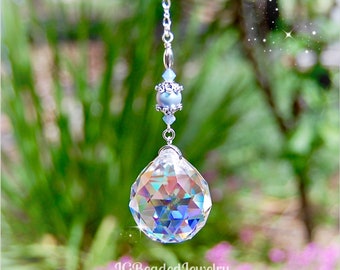 Opal Blue Pearl Crystal Suncatcher, Rearview Mirror Decoration, Window Suncatcher