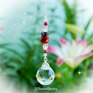 Ladybug Crystal Suncatcher, Rear View Mirror Car Charm, Window Ornament