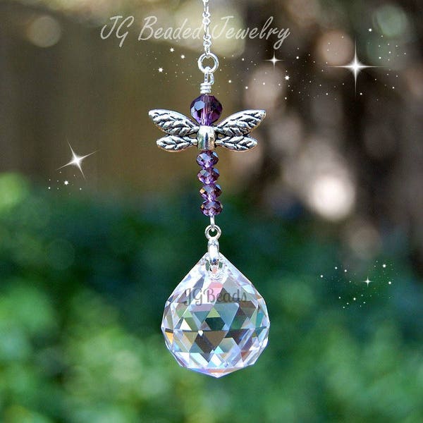 Purple Dragonfly Crystal Suncatcher, Rearview Mirror Prism Car Charm, Window Ornament, Home Decor