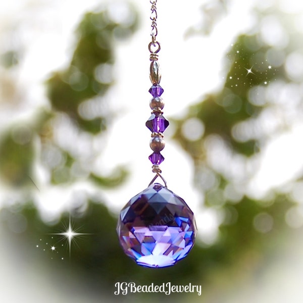 Purple Swarovski Crystal Pearl Suncatcher, Rearview Mirror Car Charm, Window Hanging Prism, 20mm