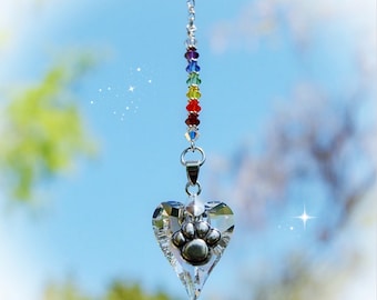 Rainbow Bridge Paw Heart Crystal Suncatcher, Rearview Mirror Car Charm, Window Decoration Swarovski Crystal, Poem Optional