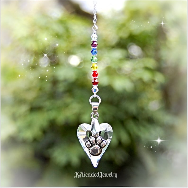 Rainbow Bridge Paw Heart Crystal Suncatcher, Rearview Mirror Car Charm, Window Decoration Swarovski Crystal, Poem Optional 画像 2