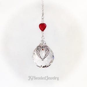 Angel Wing Red Heart Crystal Suncatcher, Rearview Mirror Car Charm, Window Decoration, In Loving Memory, Small Medium or Large Prism Options