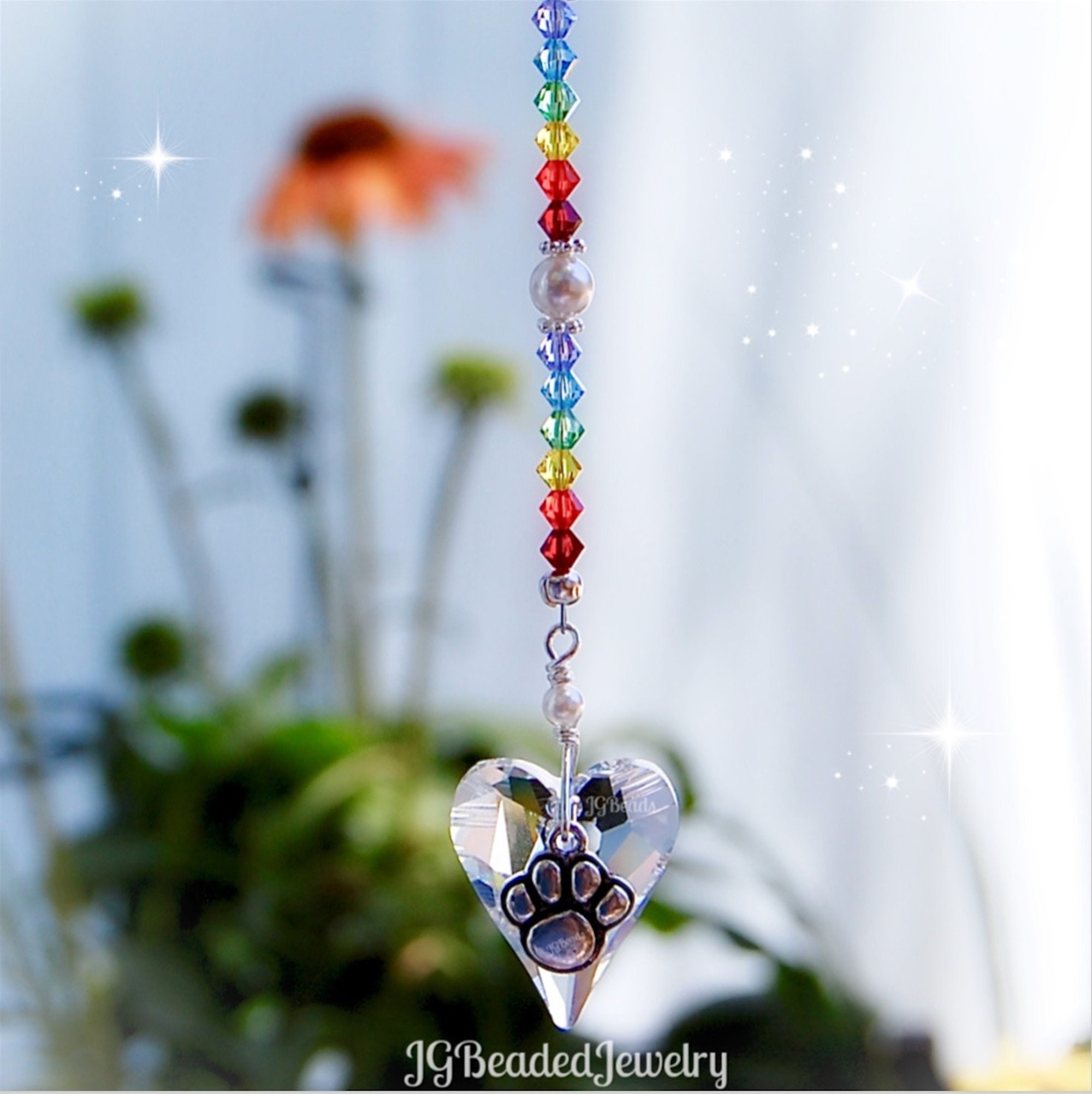 Rainbow Bridge Paw Swarovski Crystal Suncatcher, Heart Rearview Mirro…