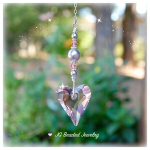 Pink Heart Swarovski Crystal Suncatcher, Rearview Mirror, Light Pull, Fan Pull, Window Decoration, Lavender Pearls LIMITED EDITION