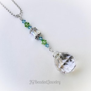 Blue Green Crystal Suncatcher, Rearview Mirror Car Charm, Window Decoration