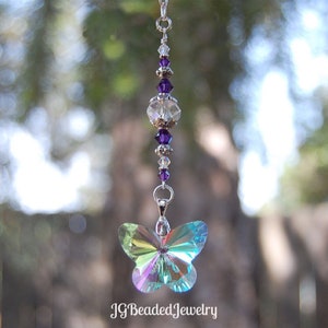 Purple Swarovski and Butterfly Crystal Suncatcher, Rearview Car Charm, Window Decoration