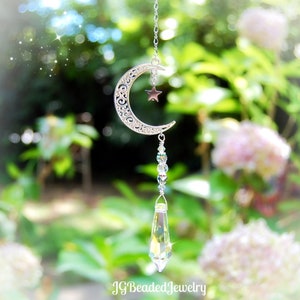 Crescent Moon and Star Crystal Suncatcher, Rearview Mirror Car Charm, Window Decor