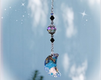 Swarovski Moon Crystal Suncatcher, Rearview Mirror Car Charm, Hanging Moon Window Ornament