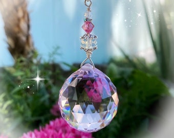 Pink Opal Swarovski Suncatcher, Rearview Mirror Car Charm, Window Ornament, Fan Pull, Light Pull, October Birthstone