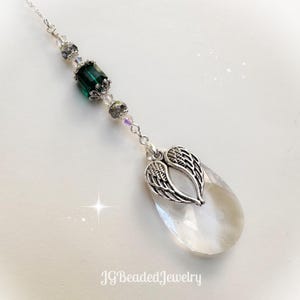 Emerald Angel Wings Teardrop Crystal Suncatcher, Rearview Mirror Car Charm, Window Decor, In Loving Memory, 7 Accent Color Options