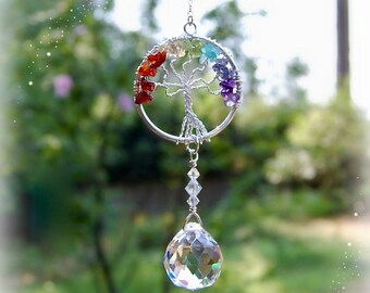 Gemstone Tree of Life Rainbow Crystal Suncatcher, Rearview Mirror Car Charm, Window Prism