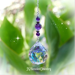 Amethyst Rainbow Maker Crystal Suncatcher, Rearview Mirror Car Charm, Window Decoration, 30mm Prism