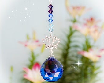 Blue Ombre Lotus Flower Swarovski Crystal Suncatcher, Rearview Mirror Car Charm, Window Prism Decoration, 30mm Prism