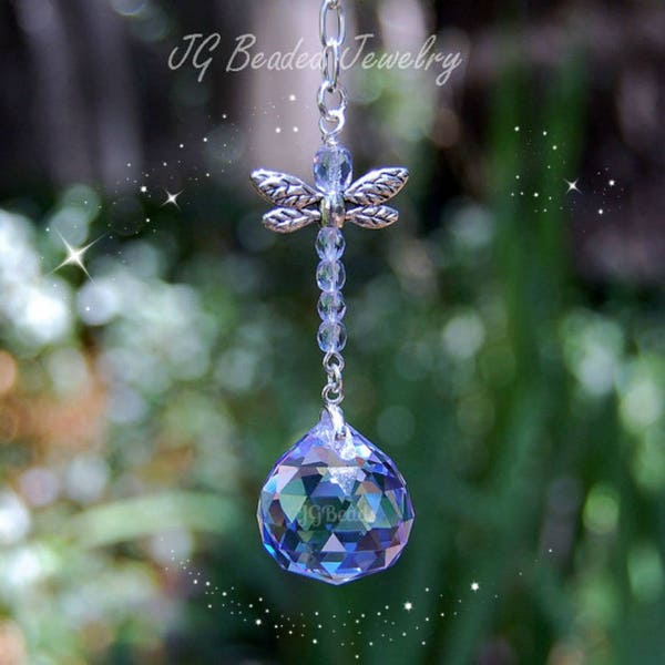 Purple Dragonfly Swarovski Crystal Suncatcher, Rearview Mirror Car Charm, Window Decoration, 20mm Prism