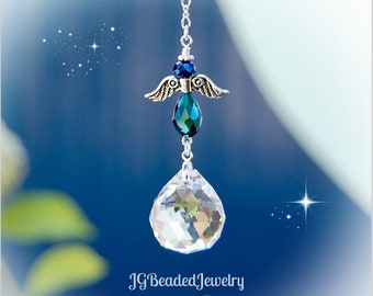 Blue Iris Angel Crystal Suncatcher, Rearview Mirror Car Charm, Window Decoration, Ornament, In Memory, New Driver