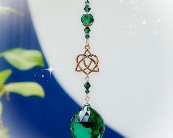 Emerald Celtic Heart Knot Crystal Suncatcher, Rearview Mirror, Window Prism