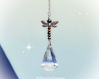 Iris Dragonfly Swarovski Crystal Suncatcher, Rearview Mirror Car Charm, Window Ornament, Clear 33mm Xirius Prism LIMITED