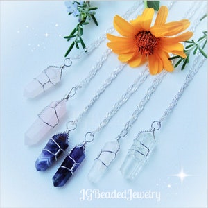 Quartz Crystal Pendant Necklace, 18 Inch Wire Wrapped, Amethyst, Rose Quartz, Clear Quartz