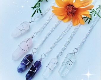 Wire Wrapped Crystal Point Necklace, Amethyst, Rose Quartz, Clear Quartz, 18 Inch