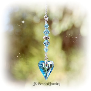 Blue Swarovski Crystal Heart Suncatcher, Small Rearview Mirror Car Charm, Window Decor, Ornament SEE DESCRIPTION for SIZE - Very Limited!