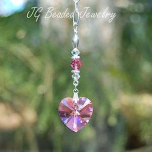 Pink Heart Swarovski Crystal, Rearview Mirror Car Charm, Home Decor, READ DESCRIPTION for Size, Heart Ornament, Window Decoration