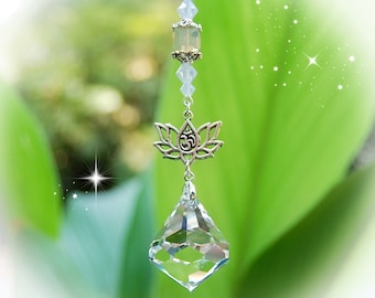 Opal Lotus Flower Diamond Crystal Suncatcher, Rearview Mirror Car Charm, Window Decoration