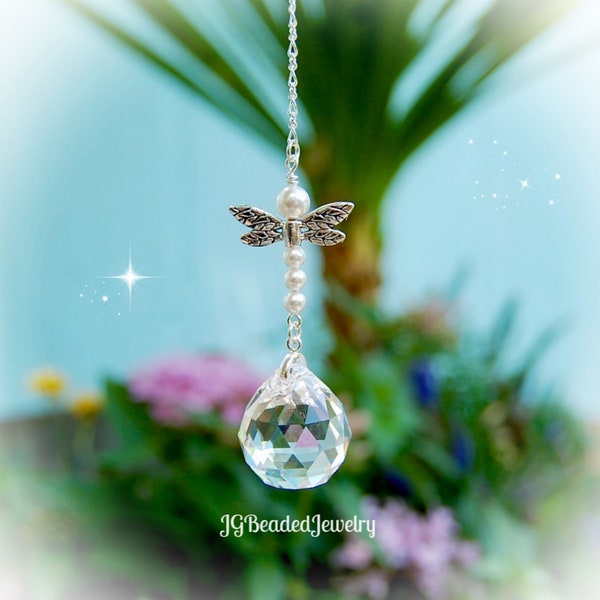 Pearl Dragonfly Crystal Suncatcher, Rearview Mirror Prism Car Charm, Window Ornament, Home Decor