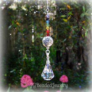 Lotus Flower Chakra Crystal Suncatcher, Rearview Mirror Car Charm, Swarovski Xirius Raindrop Window Decoration