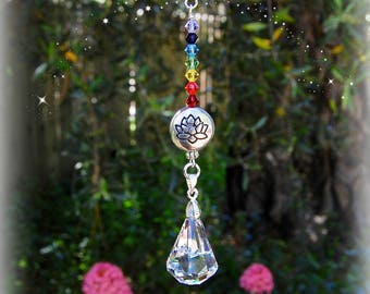 Lotus Flower Chakra Crystal Suncatcher, Rearview Mirror Car Charm, Swarovski Xirius Raindrop Window Decoration