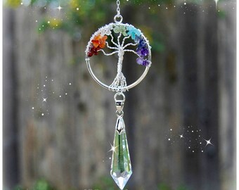 Gemstone Tree of Life Chakra Crystal Suncatcher, Rearview Mirror Car Charm, Window Prism, Wall Hanging