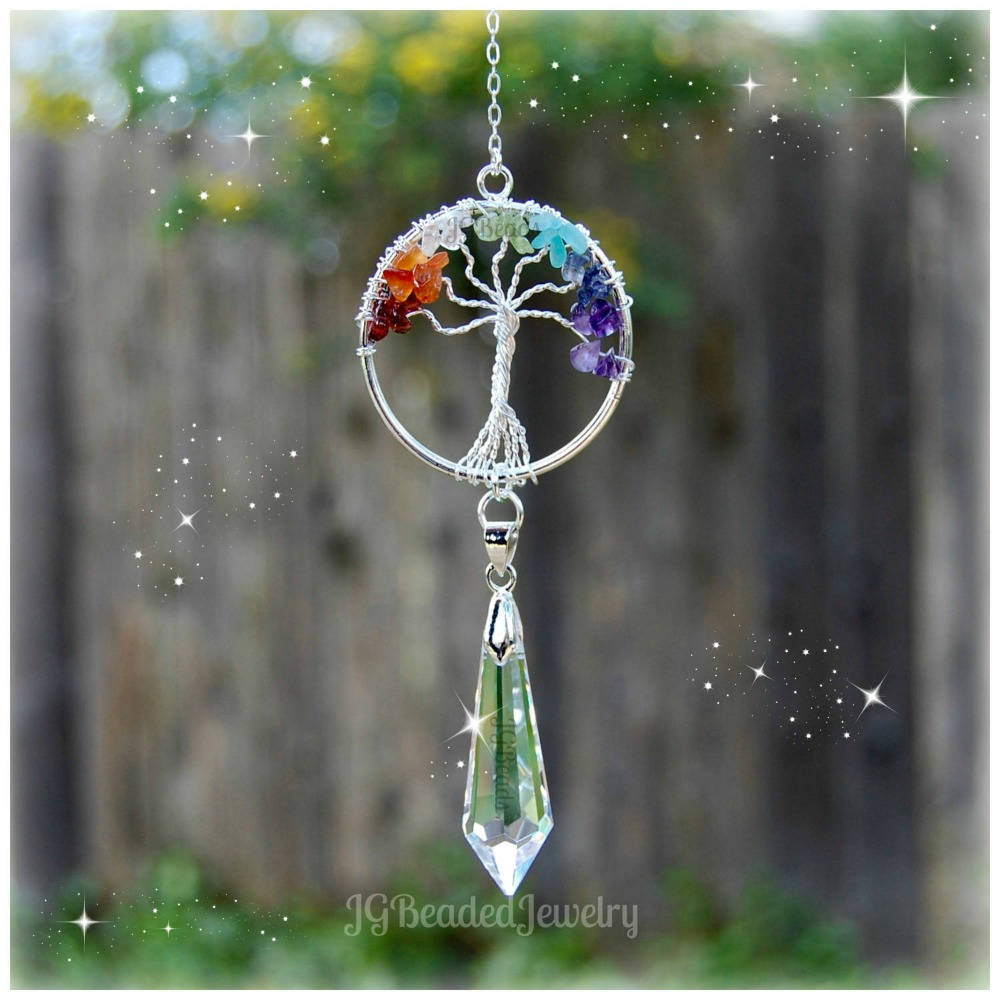 Gemstone Tree of Life Chakra Crystal Suncatcher, Rearview Mirror Car …