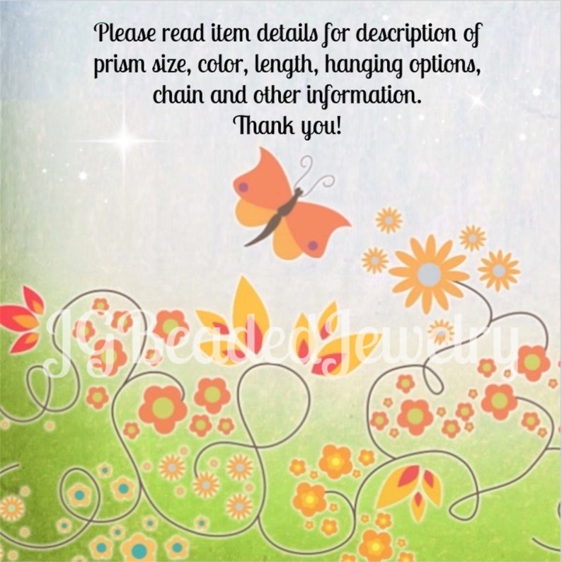 K&ouml;nnte beinhalten: Eine skurrile Illustration mit einem Schmetterling und Blumen in Orange-, Gelb- und Gr&uuml;nt&ouml;nen. Das Bild enth&auml;lt den Text: "Bitte lesen Sie die Artikeldetails f&uuml;r die Beschreibung von Prismengr&ouml;&szlig;e, Farbe, L&auml;nge, Aufh&auml;ngungsoptionen, Kette und andere Informationen. Danke!"