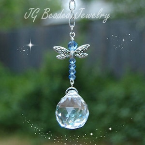 Blue Dragonfly Crystal Suncatcher, Rearview Mirror Car Charm, Hanging Window Prism, Transformation, Change