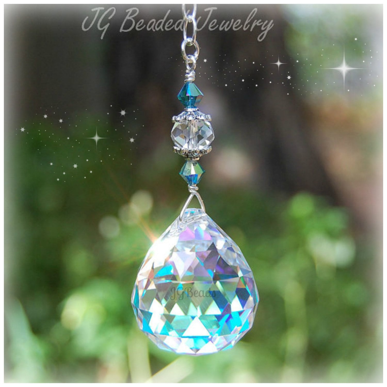 Teal Blue Prism Crystal Suncatcher, Rearview Mirror Charm, Window Dec…