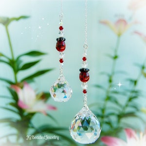 Ladybug Crystal Suncatcher, Rearview Mirror Car Charm, Window Ornament, 2 Size Prism Options