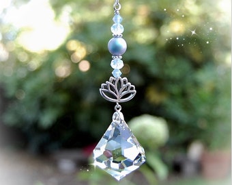 Lotus Flower Blue Diamond Swarovski Crystal Suncatcher, Rearview Mirror Car Charm, Window Decoration