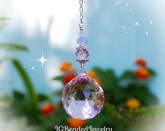 Pink Opal Swarovski Crystal Suncatcher, Rearview Mirror Car Charm, Window Ornament, Fan Pull, Light Pull - LIMITED EDITION