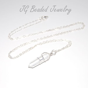 Long Clear Quartz Crystal Necklace, 24 Inch Chain, Wire