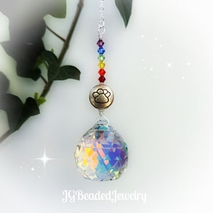 Rainbow Bridge Paw Prism Crystal Suncatcher, Rearview Mirror Car Charm, Window Decoration, Fan Pull, 30mm Prism, Poem Optional