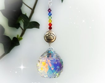 Rainbow Bridge Paw Prism Crystal Suncatcher, Rearview Mirror Car Charm, Window Decoration, Fan Pull, 30mm Prism, Poem Optional