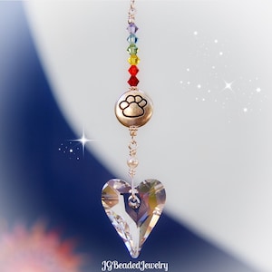 Pfote Herz Regenbogen Brücke Kristall Suncatcher, Fensterdekoration, Rückspiegel Auto Anhänger, Gedicht Optional