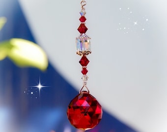 Ruby Swarovski Crystal Suncatcher, Rearview Mirror Car Charm, Window Decoration